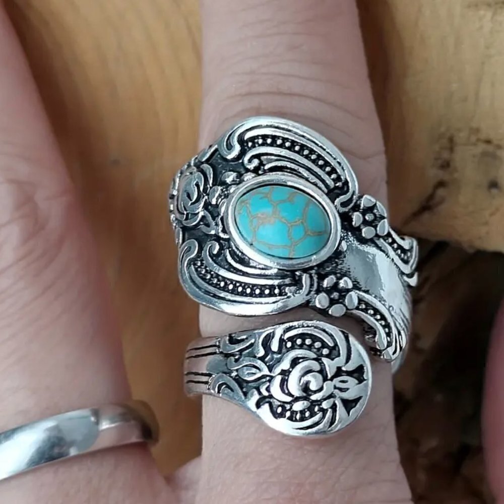 Boho Rose and Flowers with Faux Turquoise Adjustable Spoon Ring #1221 - Picture 4 of 16